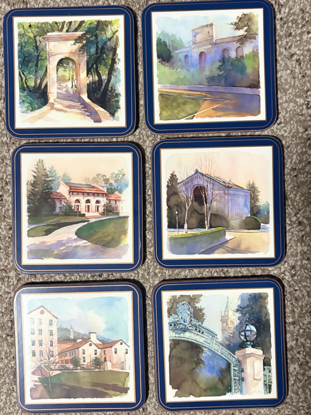 Source Unknown Blue and Cream Architectural Watercolor Coaster Set